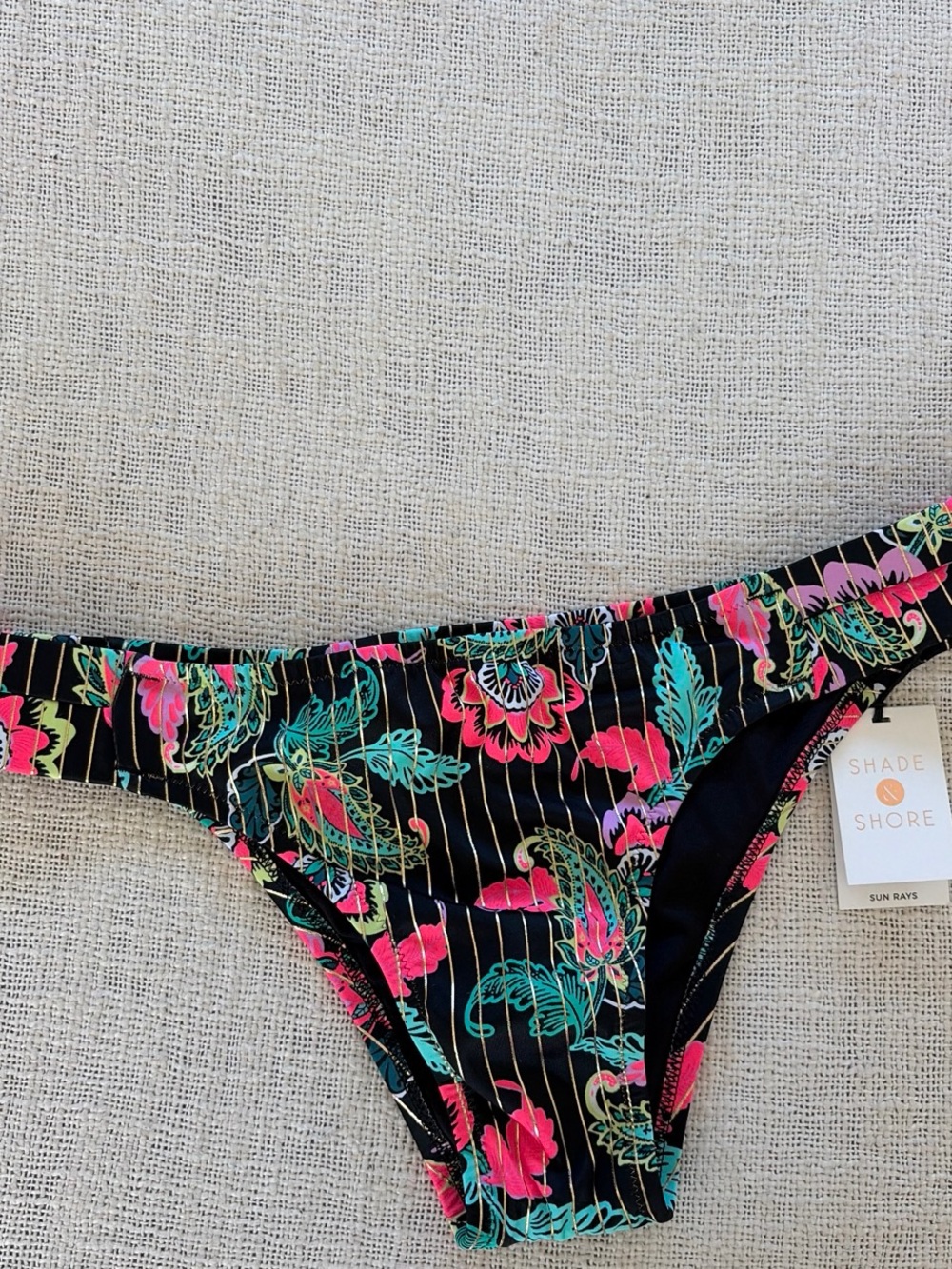 Shade & Shore Black Floral Stripe Bikini Bottom with Pink & Teal Accents